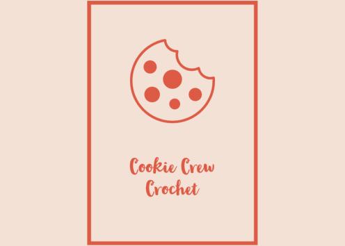 "Cookie Crew Crochet" with a bitten cookie in burnt orange on a pink background