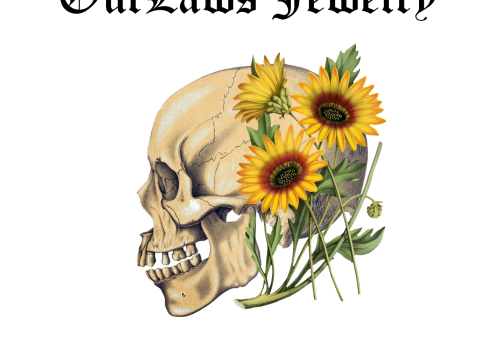 "OutLaws Jewelry...Creating jewelry that tells a story." with a skull facing to the west with sunflowers on the back of its head