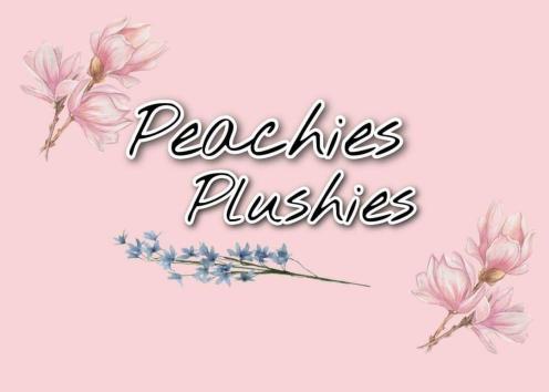 Peachies Plushies logo with light pink background and blue and pink flowers surrounding the words