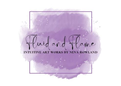 "Fluid and Flame - Intuitive Art Works by Neva Rowland" in black with purple watercolor paint in the background and surrounded by a purple box