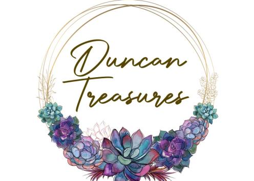 "Duncan Treasures" inside multiple lined circle with succulents below