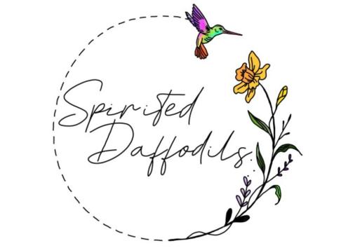 "Spirited Daffodils" inside a dotted lined circle with a yellow flower on one end and a humming bird at the other towards the flower. 